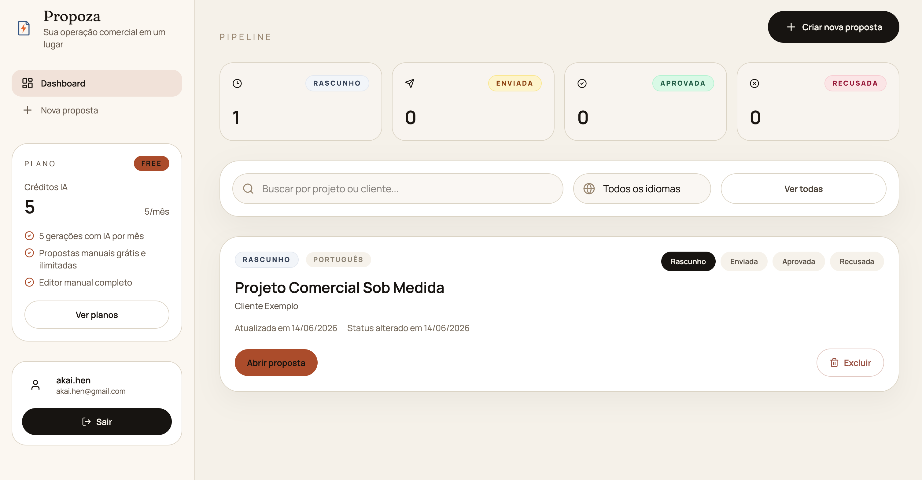 Dashboard do Propoza mostrando gerenciamento de propostas