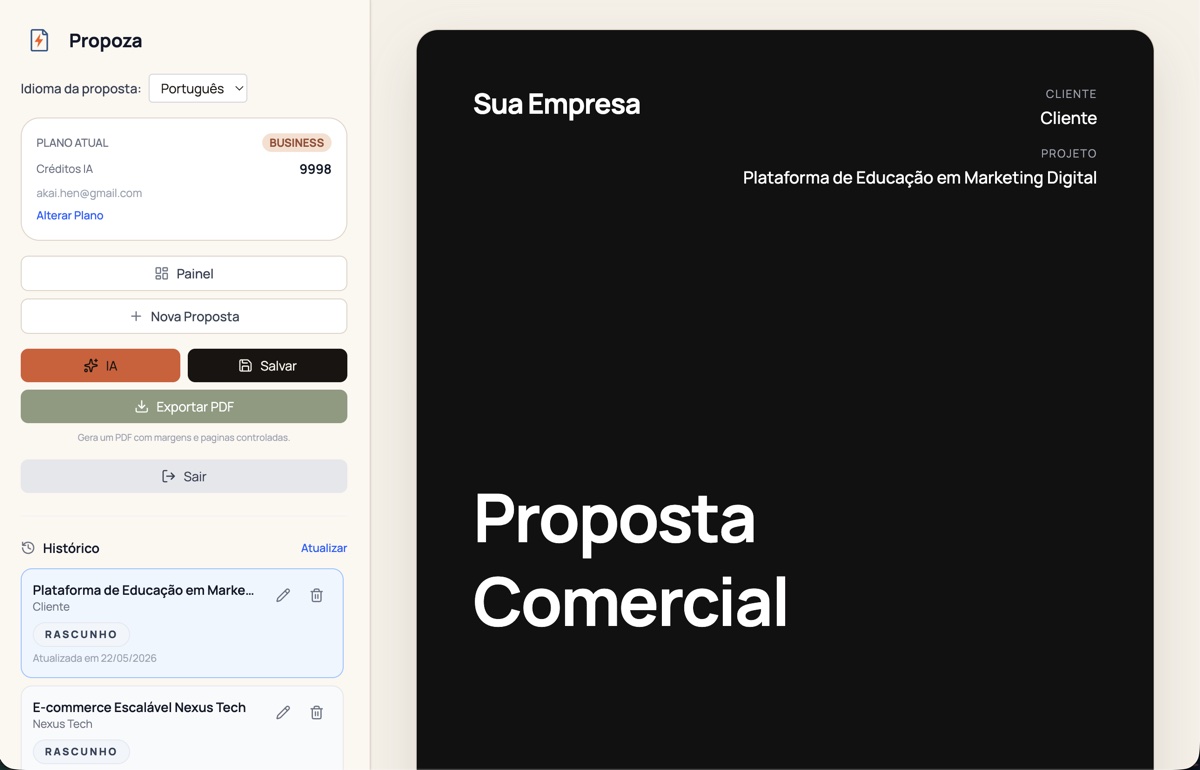 Exemplo de proposta comercial criada no Propoza